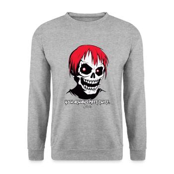 L’homme se rencontre toujours deux fois dans la vie, le crâne et les os croisés - Sweat-shirt Unisexe - gris chiné - Devant - Alina (178cm) & Michal (187cm)