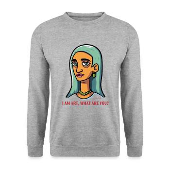 Was bist du? Ich bin Kunst: Porträt-Cartoon - Unisex Pullover - Weißgrau meliert - Vorne - Alina (178cm) & Michal (187cm)