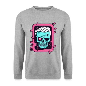 Pop Farbe Kunst: Verspielter alter Totenkopf - Unisex Pullover - Weißgrau meliert - Vorne - Alina (178cm) & Michal (187cm)