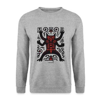 Abstrakte Kunst eines okkulten schwarzen Katers - Unisex Pullover - Weißgrau meliert - Vorne - Alina (178cm) & Michal (187cm)