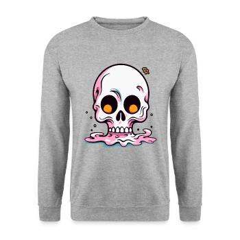 Schmelzender Cartoon Totenkopf - Unisex Pullover - Weißgrau meliert - Vorne - Alina (178cm) & Michal (187cm)