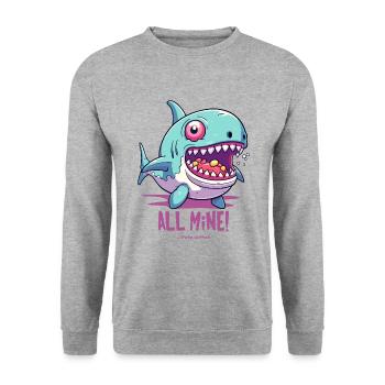 Ich esse alle Süßigkeiten, der "Alles-meins"-Hai - Unisex Pullover - Weißgrau meliert - Vorne - Alina (178cm) & Michal (187cm)