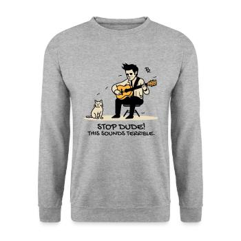 Das klingt furchtbar: Gitarrist und Katze - Unisex Pullover - Weißgrau meliert - Vorne - Alina (178cm) & Michal (187cm)