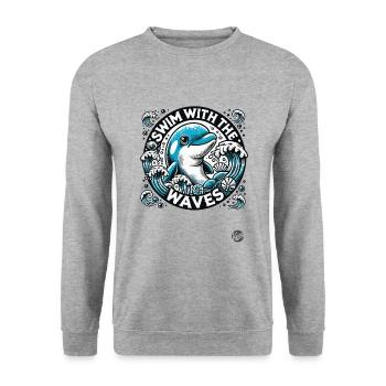 Delfin Design, mit den Wellen schwimmen im Ozean - Unisex Pullover - Weißgrau meliert - Vorne - Alina (178cm) & Michal (187cm)