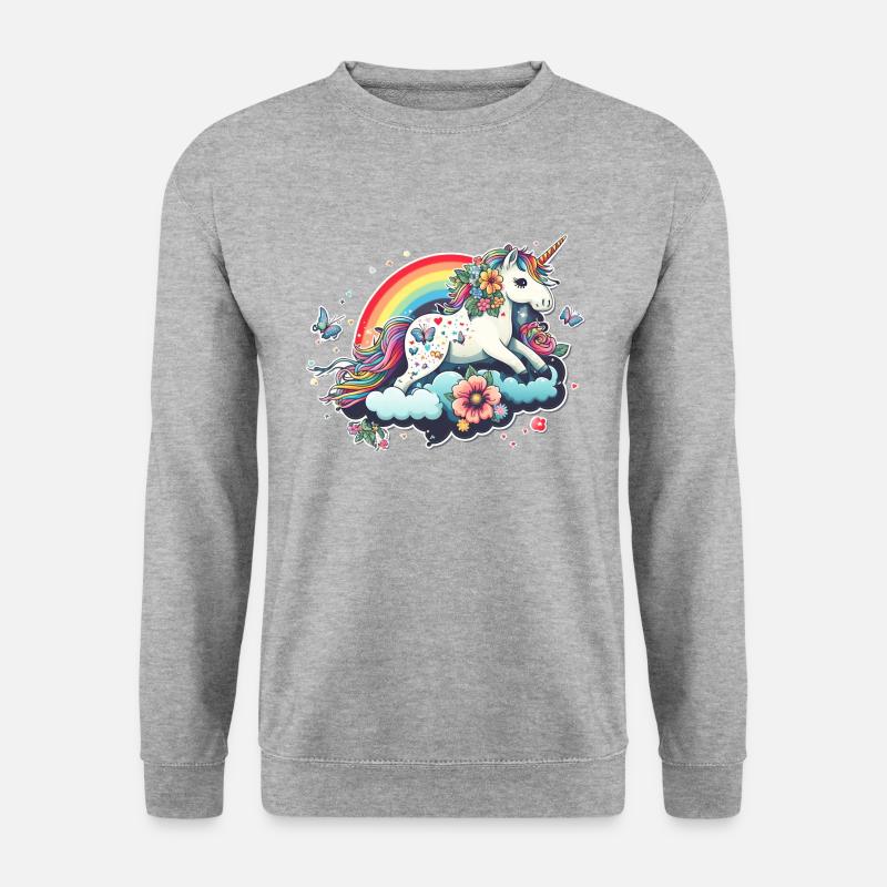 Niedliches Einhorn Regenbogen, Wolke, Kawaii Stil - Unisex Pullover - Weißgrau meliert