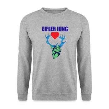 Eifler Jung, Hirsch mit Herz -Eifel Geschenke - Unisex Pullover - Weißgrau meliert - Vorne - Alina (178cm) & Michal (187cm)