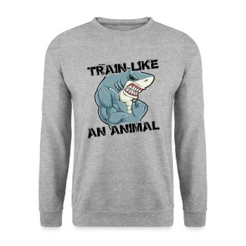 S'entraîner comme un animal | Bodybuilder de forme physique de requin - Sweat-shirt Unisexe - gris chiné - Devant - Alina (178cm) & Michal (187cm)