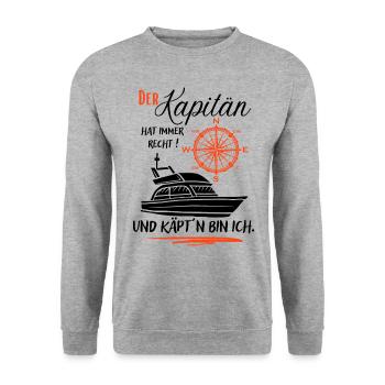 Kapitän Geschenk / Der Kapitän hat immer recht ... - Unisex Pullover - Weißgrau meliert - Vorne - Alina (178cm) & Michal (187cm)