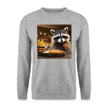 Waschbär im Fastfood Restaurant - Unisex Pullover - Weißgrau meliert - Vorne - Alina (178cm) & Michal (187cm)