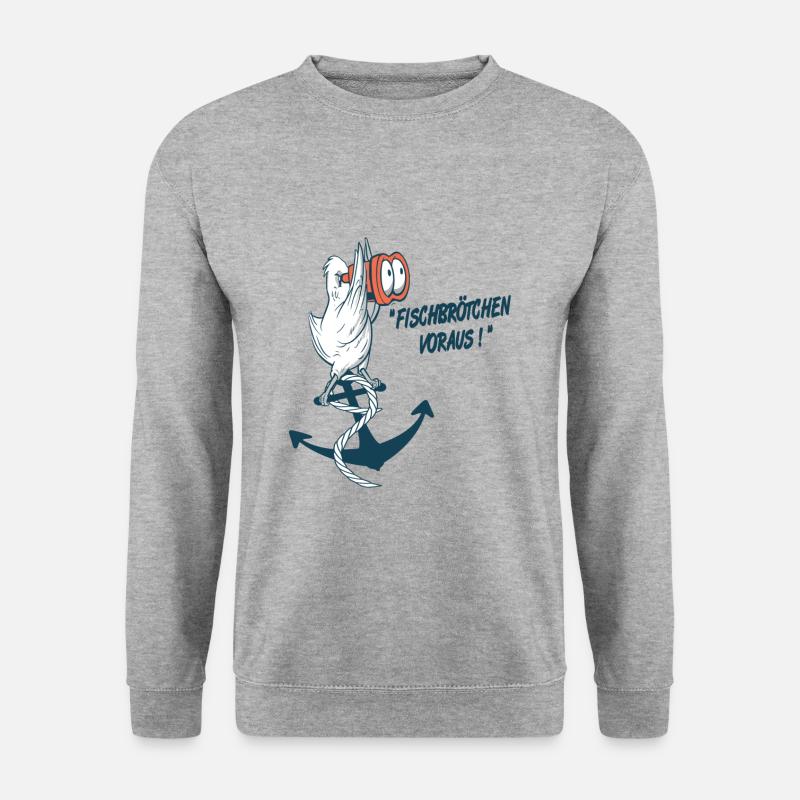 Fischbrötchen Voraus, Lustige Möwe und Delikatesse - Unisex Pullover - Weißgrau meliert
