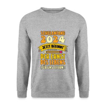 Eltern Schulkind Grundschule Erste Klasse Einschul - Unisex Pullover - Weißgrau meliert - Vorne - Alina (178cm) & Michal (187cm)