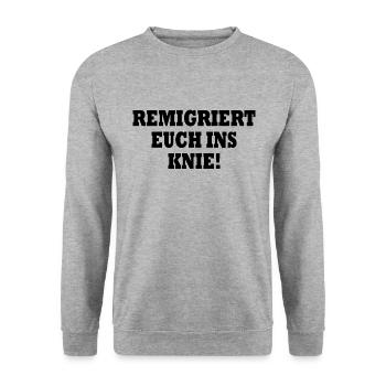 remigriert euch ins knie - Unisex Pullover - Weißgrau meliert - Vorne - Alina (178cm) & Michal (187cm)