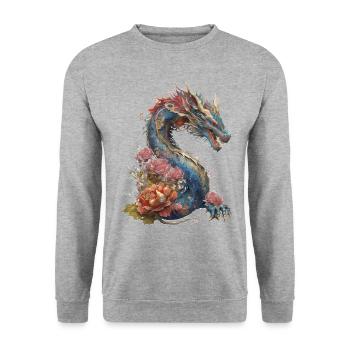 Kunstvoller Drache - Unisex Pullover - Weißgrau meliert - Vorne - Alina (178cm) & Michal (187cm)
