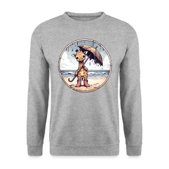 Giraffe in Gummistiefeln mit Regenschirm am Strand - Unisex Pullover - Weißgrau meliert - Vorne - Alina (178cm) & Michal (187cm)