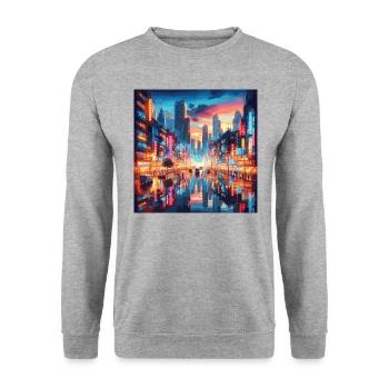 Neo Tokyo bei Nacht Metropole Japan Großstadt - Unisex Pullover - Weißgrau meliert - Vorne - Alina (178cm) & Michal (187cm)