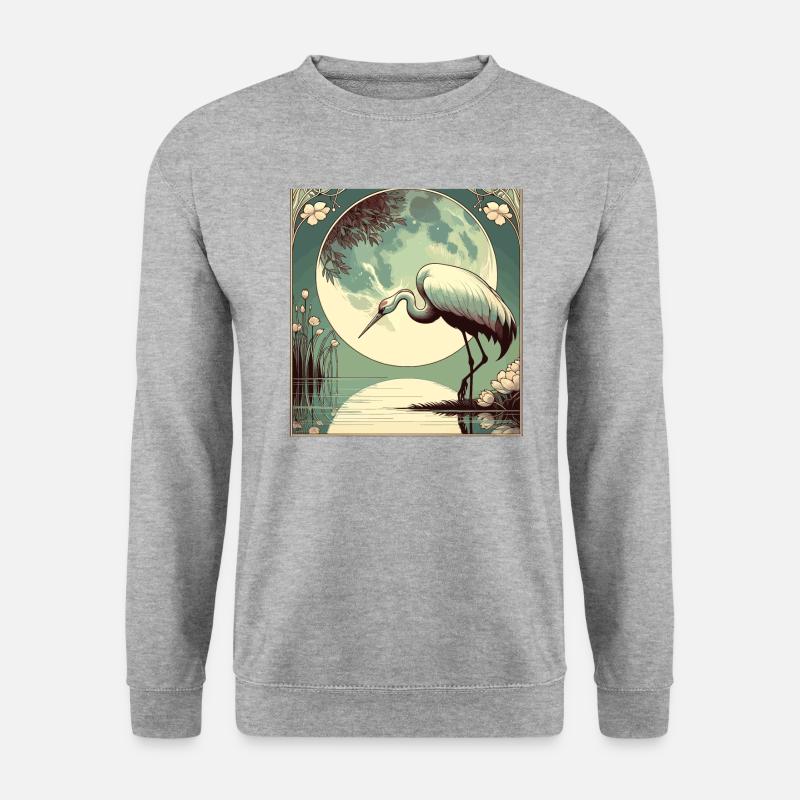 Storch am See bei Vollmond Art Deco Style - Unisex Pullover - Weißgrau meliert