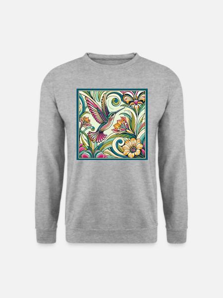Floraler Kolibri bunte Blumen Art Nouveau - Unisex Pullover - Weißgrau meliert