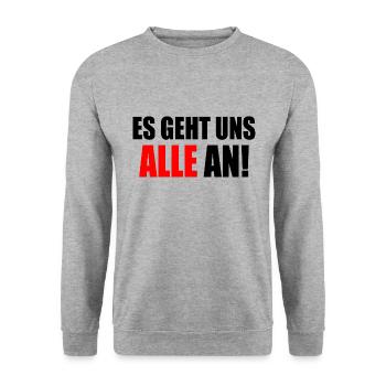 Es geht uns alle an - Unisex Pullover - Weißgrau meliert - Vorne - Alina (178cm) & Michal (187cm)