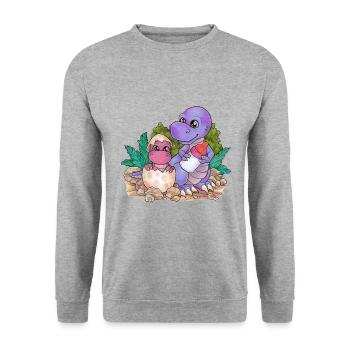 Große Schwester Niedlicher Dino Geschwister Paar - Unisex Pullover - Weißgrau meliert - Vorne - Alina (178cm) & Michal (187cm)