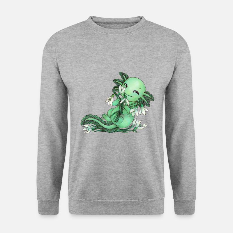Axolotl in Grün mit Frühblüher Schneeglocke Blume - Unisex Pullover - Weißgrau meliert