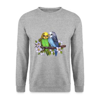 Niedlicher Wellensittich Pärchen mit Kirschblüten - Unisex Pullover - Weißgrau meliert - Vorne - Alina (178cm) & Michal (187cm)