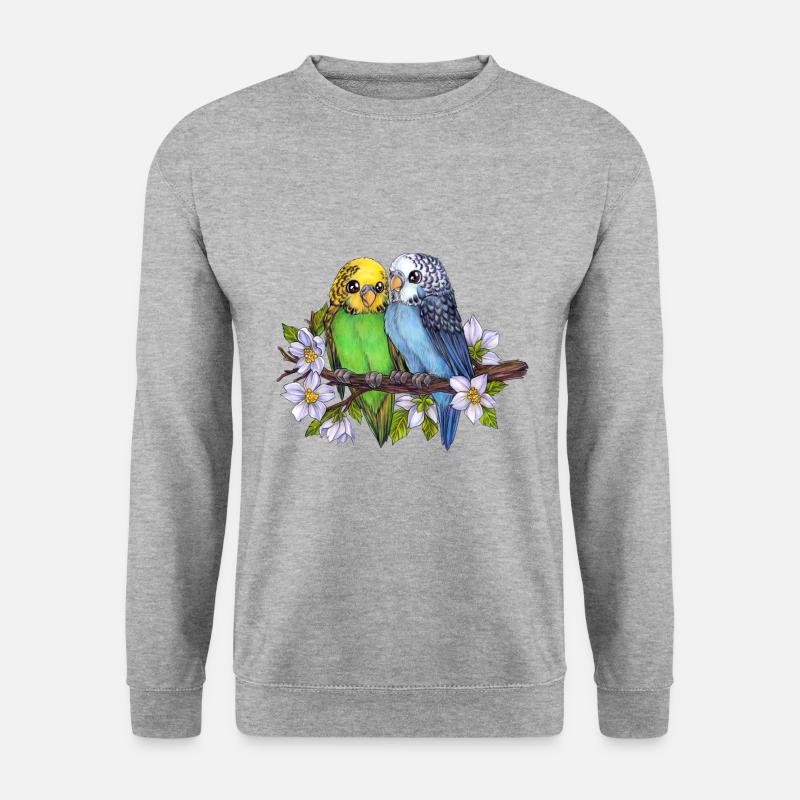 Niedlicher Wellensittich Pärchen mit Kirschblüten - Unisex Pullover - Weißgrau meliert