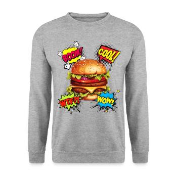 Burger Pop Art Hamburger Cheeseburger Fast Food - Unisex Pullover - Weißgrau meliert - Vorne - Alina (178cm) & Michal (187cm)