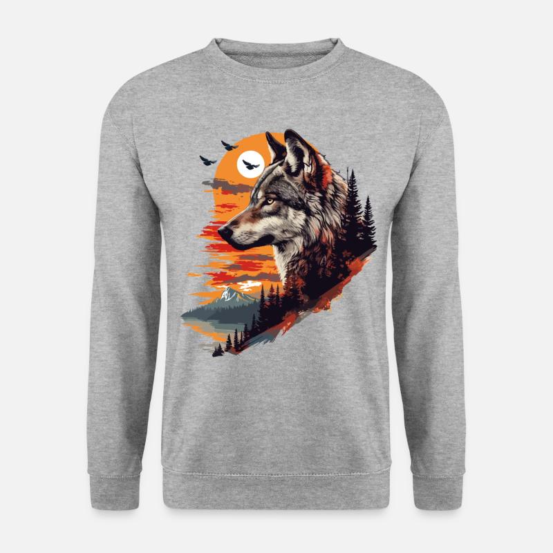 Wolf Wolfskopf Wald Natur Berge Wildnis Sonne - Unisex Pullover - Weißgrau meliert