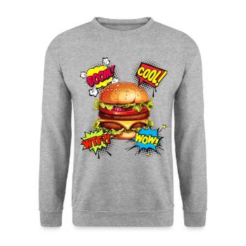 Burger Pop Art Hamburger Cheeseburger Fast Food - Unisex Pullover - Weißgrau meliert - Vorne - Alina (178cm) & Michal (187cm)