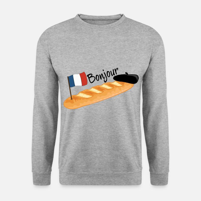 Bonjour - Lustiges französisches Baguette - Unisex Pullover - Weißgrau meliert