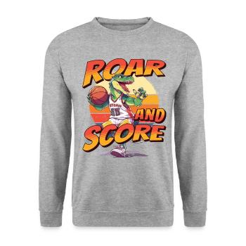 Basketball Dino T-Rex Player Sports Comic Cartoon - Unisex Sweatshirt - salt & pepper - Front - Alina (178cm) & Michal (187cm)