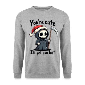 Süßer Sensenmann mit Weihnachtsmütze - Unisex Pullover - Weißgrau meliert - Vorne - Alina (178cm) & Michal (187cm)