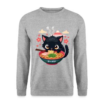 Süße japanische Katze isst Ramen Nudelsuppe - Unisex Pullover - Weißgrau meliert - Vorne - Alina (178cm) & Michal (187cm)