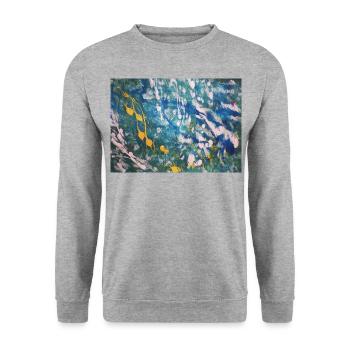 sanftes Wesen in Blau - Unisex Pullover - Weißgrau meliert - Vorne - Alina (178cm) & Michal (187cm)
