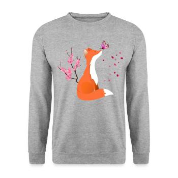 Fox Animal Fuchs mit Blumen und Schmetterling - Unisex Pullover - Weißgrau meliert - Vorne - Alina (178cm) & Michal (187cm)