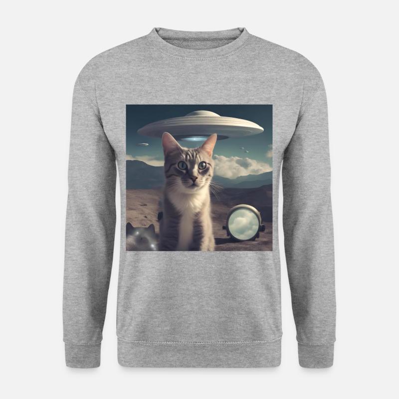 Katze UFO - Unisex Pullover - Weißgrau meliert