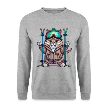 Katze Ski Wintersport Skifahrer Geschenk - Unisex Pullover - Weißgrau meliert - Vorne - Alina (178cm) & Michal (187cm)