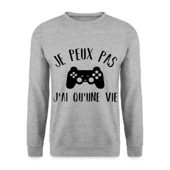 Je peux pas j' ai qu' une vie humour gaming gamer - Sweat-shirt Unisexe - gris chiné - Devant - Alina (178cm) & Michal (187cm)