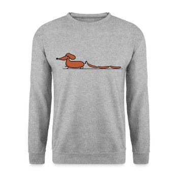 Dackel mit Würstchen - Unisex Pullover - Weißgrau meliert - Vorne - Alina (178cm) & Michal (187cm)