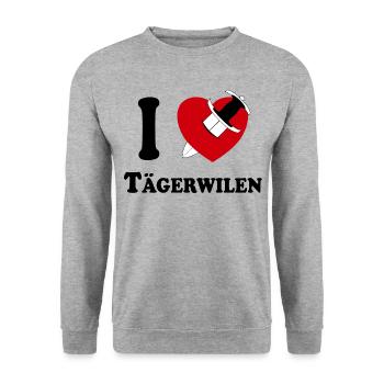 I Love Tägerwilen (schwarz mit Dolch durch Herz) - Unisex Pullover - Weißgrau meliert - Vorne - Alina (178cm) & Michal (187cm)