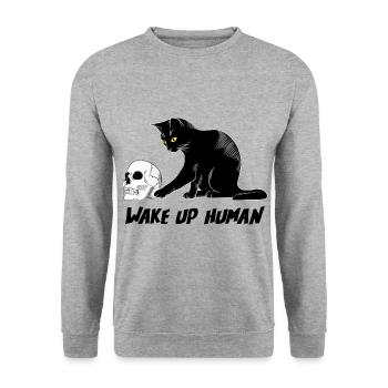 Wake Up Human Halloween Katze Schädel - Unisex Pullover - Weißgrau meliert - Vorne - Alina (178cm) & Michal (187cm)
