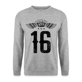 16 Zahl Krone - Unisex Pullover - Weißgrau meliert - Vorne - Alina (178cm) & Michal (187cm)