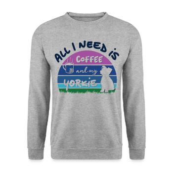 All I need is coffee and my Yorkie - retro sunset - Unisex Pullover - Weißgrau meliert - Vorne - Alina (178cm) & Michal (187cm)