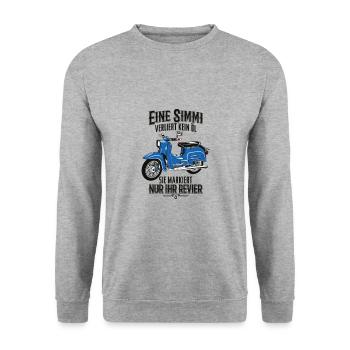 Simson Schwalbe KR51, Eine Simmi verliert kein Öl - Unisex Pullover - Weißgrau meliert - Vorne - Alina (178cm) & Michal (187cm)