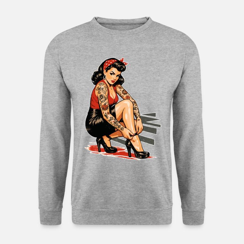 Tattoo Pin-Up: Retro Werbeprint & High Heels - Unisex Pullover - Weißgrau meliert