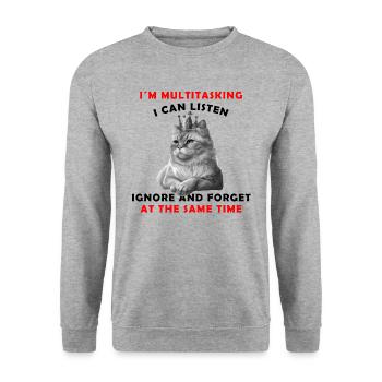 Katze Krone lustige Memes Sarkastisch - Unisex Pullover - Weißgrau meliert - Vorne - Alina (178cm) & Michal (187cm)