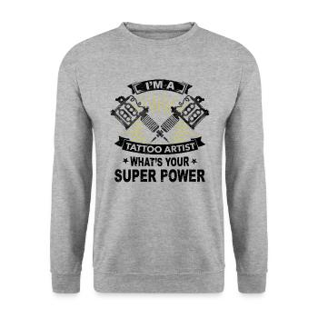 Supermacht, Tattoo, Geschenk, Job, Haut, Farbe - Unisex Pullover - Weißgrau meliert - Vorne - Alina (178cm) & Michal (187cm)