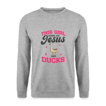 Amateurs de canards Cette fille court sur Jésus et les canards - Sweat-shirt Unisexe - gris chiné - Devant - Alina (178cm) & Michal (187cm)