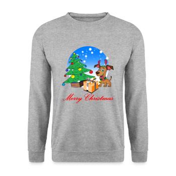 Weihnachten Merry Christmas Hund Rentier - Unisex Pullover - Weißgrau meliert - Vorne - Alina (178cm) & Michal (187cm)