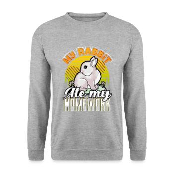Sarkastisches Geschenk Mein Kaninchen aß meine Hausaufgaben Schule - Unisex Pullover - Weißgrau meliert - Vorne - Alina (178cm) & Michal (187cm)